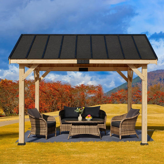 EROMMY 11' x 12' Spruce Wood Solid Hardtop Gazebo with Waterproof Asphalt Roof-Erommy