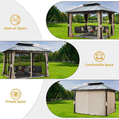 EROMMY 10' x 12' Iron Gazebo Hardtop Double Roof w/ Anti-Rust Coating Frame, Waterproof Curtains & Netting-Erommy