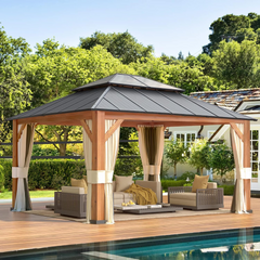 EROMMY 12' x 14' Hardtop Gazebo Ultra-Thick Columns and Beams, Faux Wood Grain Aluminum Frame, Dual Material Double Roof