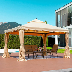 Erommy 10' x 12' Outdoor Canopy Gazebo, Double Roof Patio Gazebo Steel Frame with Netting and Shade Curtains for Garden, Patio, Party Canopy, Beige