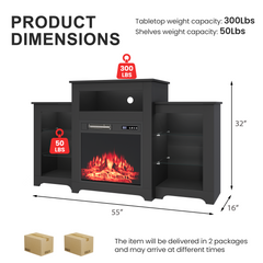 EROMMY 55 Inch Electric Fireplace TV Stand with 16 Color Lights, Wooden Entertainment Center with Adjustable Shelves, Black