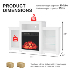 EROMMY 55 Inch Electric Fireplace TV Stand with 16 Color Lights, Wooden Entertainment Center with Adjustable Shelves, White