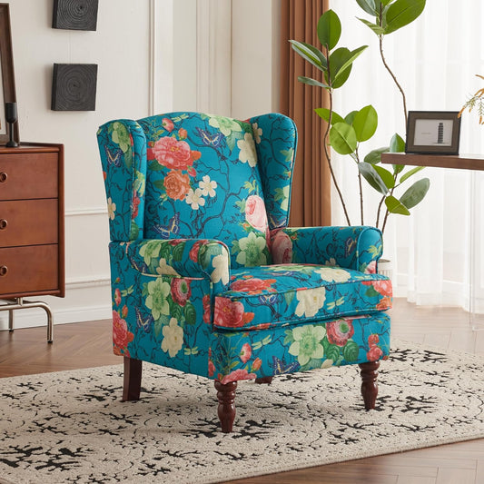 EROMMY Fabric Accent Chair, Modern Upholstered Armchair, Leisure Single Sofa Chair for Living Room Bedroom Reading, Teal Floral