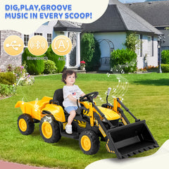 EROMMY Ride on Bulldozer for Kids Boys & Girls, 12V Electric Vehicles with Front Loader Bucket, Horn, Lights, Music Player, Safety Belt