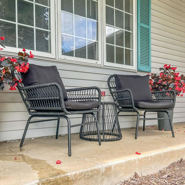 EROMMY 3-Piece Patio Bistro Set with Glass Top Table & 2 Ergonomic Armchairs, Black