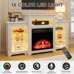 EROMMY 55 Inch Electric Fireplace TV Stand with 16 Color Lights, Wooden Entertainment Center with Adjustable Shelves, White