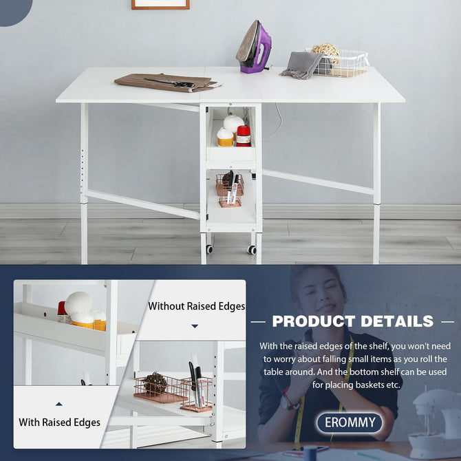 EROMMY Height Adjustable Craft Table with Storage Shelves, Mobile Fold ...
