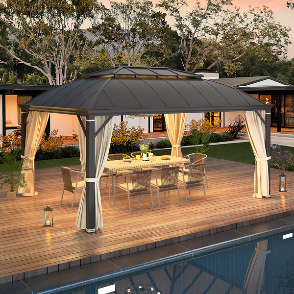 EROMMY 12' x 16' Hardtop Permanent Outdoor Aluminum Patio Gazebo, Double Roof for Patio Lawn and Garden, Curtains and Netting Included