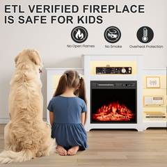 EROMMY 55 Inch Electric Fireplace TV Stand with 16 Color Lights, Wooden Entertainment Center with Adjustable Shelves, White