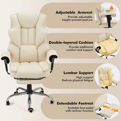Erommy 6-Point Massage Heat Ergonomic Reclining Office Chair with Footrest Beige-Erommy