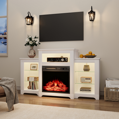 EROMMY 55 Inch Electric Fireplace TV Stand with 16 Color Lights, Wooden Entertainment Center with Adjustable Shelves, White