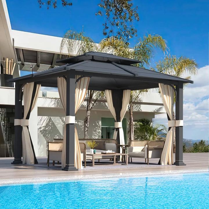 EROMMY 10' X 12' Hardtop Gazebo Double Iron Roof With Curtains And Netting