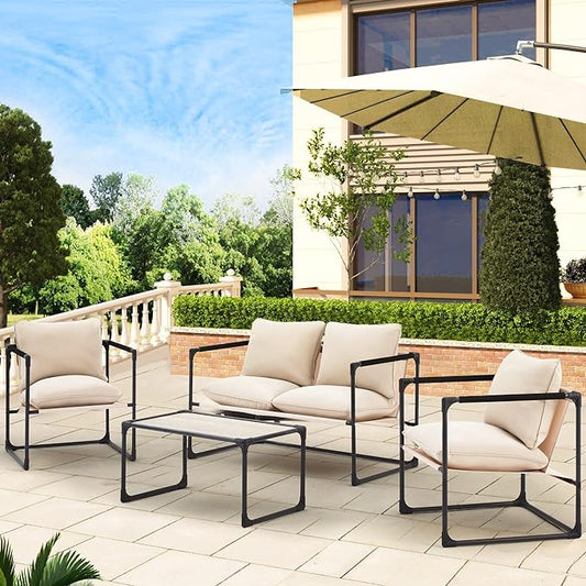 EROMMY 4 Pcs Patio Furniture Set, All Weather Otudoor Conversation Loveseat for Backyard, Balcony and Deck with Armrest and Coffee Table