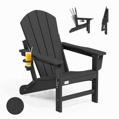 EROMMY 3-Position Adjustable Adirondack Chair, 400LBS HDPE Folding Outdoor Chair with Cup Holder, Black