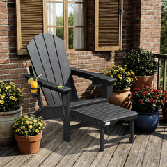 EROMMY 3-Level  Adjustable Adirondack Chair with Retractable Ottoman, Folding HDPE Outdoor Chair with Cup Holders, Black