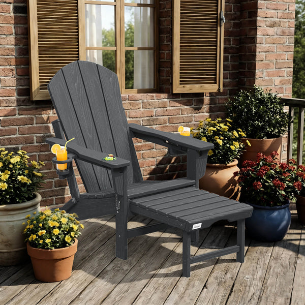 EROMMY 3-Level Adjustable Adirondack Chair with Retractable Ottoman, Folding HDPE Outdoor Chair with Cup Holders, Gray