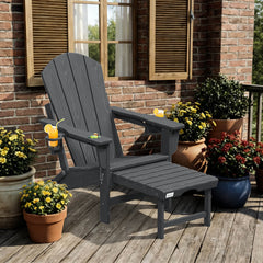 EROMMY 3-Level  Adjustable Adirondack Chair with Retractable Ottoman, Folding HDPE Outdoor Chair with Cup Holders, Gray