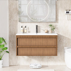 EROMMY 36 Inch Bathroom Vanity with Sink, Floating Bathroom Vanity with 2 Large Storage Drawers, Wood Grain Wall Mounted Bathroom Cabinet, Walnut