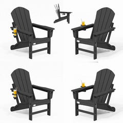 EROMMY 3-Position Adjustable Adirondack Chairs Set of 4, 400LBS HDPE Folding Outdoor Chairs with Cup Holder, Black