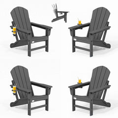 EROMMY 3-Position Adjustable Adirondack Chairs Set of 4, 400LBS HDPE Folding Outdoor Chairs with Cup Holder, Gray