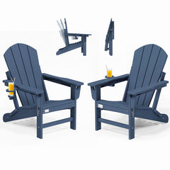 EROMMY 3-Position Adjustable Adirondack Chairs Set of 2, 400LBS HDPE Folding Outdoor Chairs with Cup Holder, Navy Blue