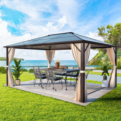 EROMMY 10’ x 12’ Patio Hardtop Gazebo Aluminum Frame Gazebos with Netting & Curtain, Outdoor Polycarbonate Gazebo For Garden, Patio, Lawns