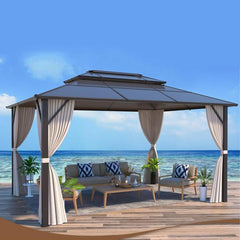 EROMMY 10' x 13' Hardtop Gazebo, Outdoor Polycarbonate Double Roof Canopy, Aluminum Frame Permanent Pavilion, Curtains and Netting