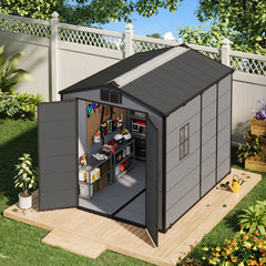 6x8 FT Outdoor Storage Shed, Weather-Resistant Shed with Lockable Double Doors & Built-In Floor, Sloped Roof Outdoor Shed for Backyard, Patio & Lawn, Black
