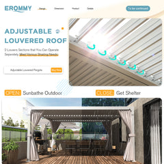 EROMMY 10'×12' Outdoor Louvered Pergola with Adjustable Aluminum Rainproof Roof, Curtains and Netting Included, White