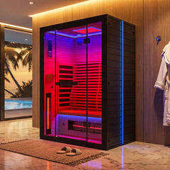 EROMMY 2 Person Infrared Sauna with Red Light Therapy, 360° Fast Heating, 7-Color LED & Bluetooth, Adjustable Seat, Black