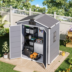 6x4 FT Outdoor Storage Shed, Weather-Resistant Shed with Lockable Double Doors & Built-In Floor, Sloped Roof Outdoor Shed for Backyard, Patio & Lawn, Gray