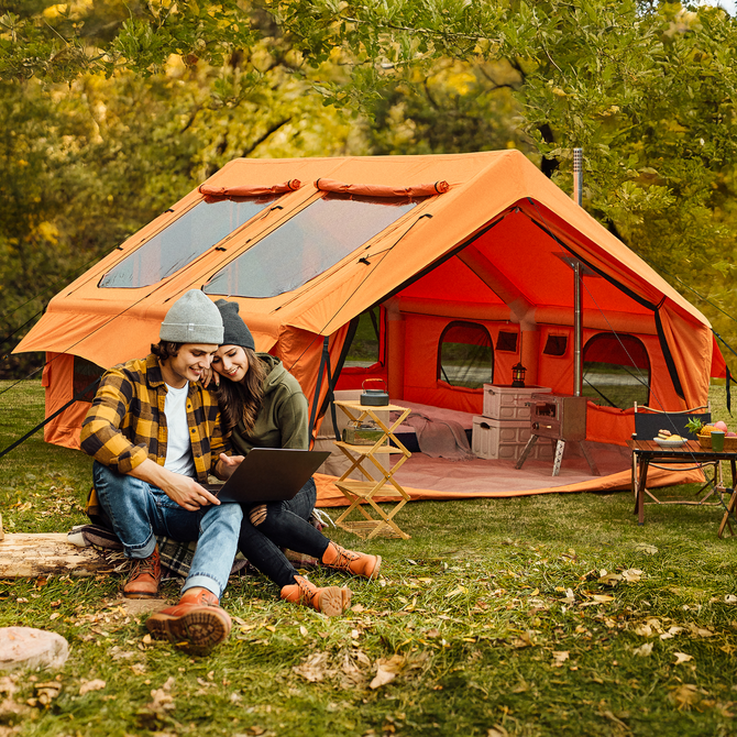 orange outdoor tent Inflatable Tent with Chimney Opening | All-Season Comfort