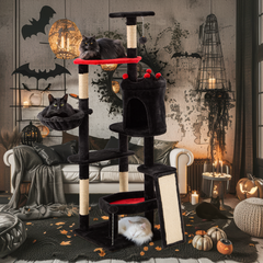 EROMMY Gothic Tall Cat Tree, 61 inch Multi-level Cat Tower for Cats Indoor, Spooky Hanging Toy and SIsal Scratching Post Included, Multi-Level Platform, Halloween Decor