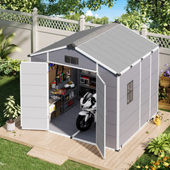 8x8 FT Outdoor Storage Shed, Weather-Resistant Shed with Lockable Double Doors & Built-In Floor, Sloped Roof Outdoor Shed for Backyard, Patio & Lawn, Gray