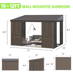 EROMMY 10 Ft. W x 12 Ft. D Wall Mounted Gazebo, All-Season Patio Gazebo Sunroom with  Side Door, Outdoor Permanent Sunroom