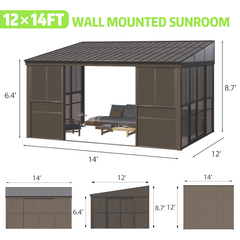 EROMMY 12 Ft. W x 14 Ft. D Wall Mounted Gazebo, All-Season Patio Gazebo Sunroom with  Side Door, Outdoor Permanent Sunroom