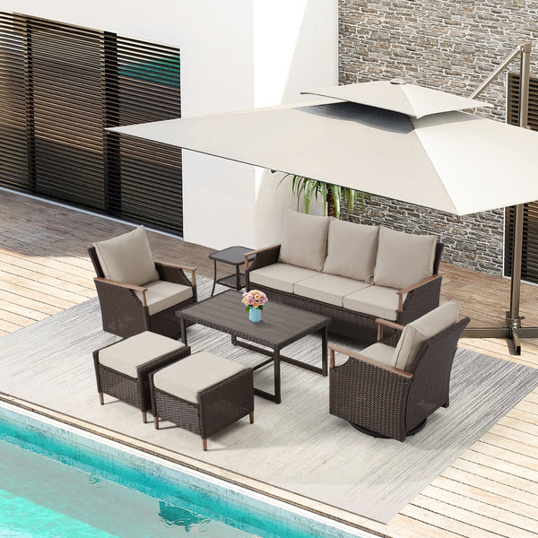 EROMMY 7-Piece Outdoor furniture Set with Swivel Chairs, Ottoman & Coffee Table, Beige