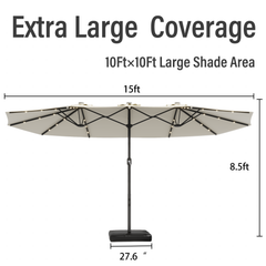 EROMMY 15ft Large Double-Sided Patio Umbrella with Solar LED Lights, Outdoor Crank System, and Base – Perfect for Garden, Deck, Poolside