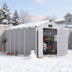 8x12 FT Outdoor Storage Shed, Weather-Resistant Shed with Lockable Double Doors & Built-In Floor, Sloped Roof Outdoor Shed for Backyard, Patio & Lawn, Gray