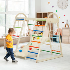 EROMMY 8-in-1 Wooden Climbing Toys, Indoor Playground Jungle Gym, Kids Playground Climbing Gym for Toddlers, with Slide, Monkey Bar, Swing, Wood & Rope Ladder