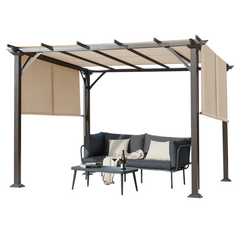 EROMMY 10' x 10' Outdoor Pergola with Sun Shade Canopy, Aluminum Frame, Modern Patio Pavilion Grill Gazebo with Weather-Resistant Fabric, White