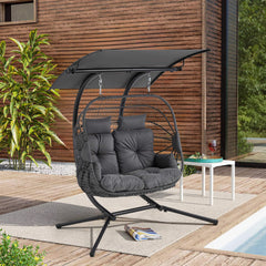 EROMMY Double Hanging Egg Chair with Stand, Wicker Loveseat Swing with Extra Cushion, Gray