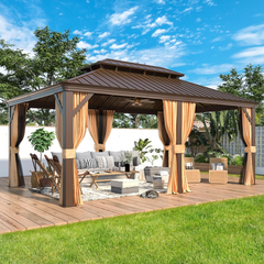 EROMMY 12' x 18' Gazebo Double Hardtop Roof Galvanized Steel Pavilion Aluminum Frame Permanent Brown