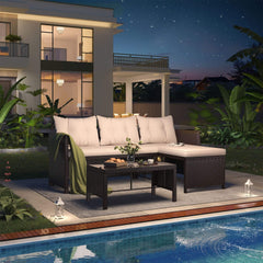 EROMMY 3 Piece Outdoor Patio Furniture Set, All-Weather PE Rattan Sofa Set with Glass Table & Cushions, Khaki