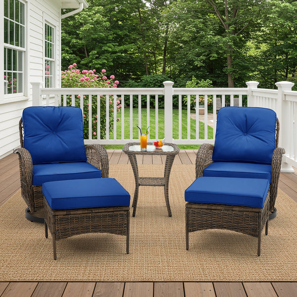 EROMMY Outdoor Patio Furniture Set - 5-Piece Wicker Conversation Set with Swivel Rocking Chairs, Ottomans, and Glass Coffee Table, Navy Blue