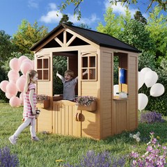 Erommy Wooden Playhouse for Kids, Outdoor Garden Cottage with Door, Windows, Service Station, Flower Pot Holder, for 3-7 Years Old