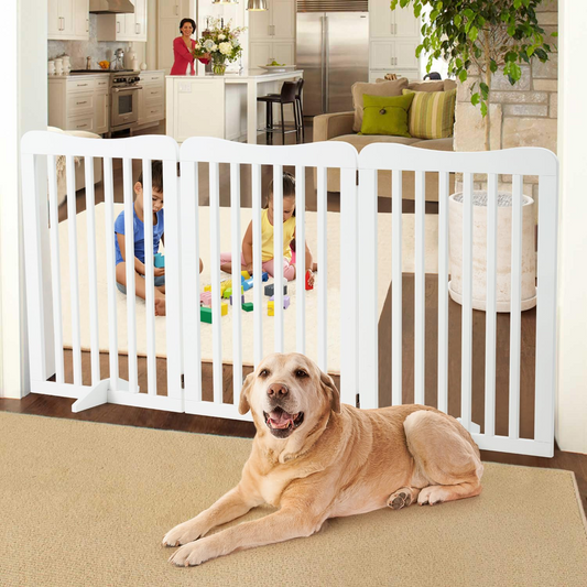 EROMMY Pet Gate Wood Freestanding Collapsible, 60" Extra Wide 35" Tall Dog Gate with 2pcs Support Feet, 3 Panels Fence, White