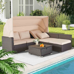 erommy 6 pcs outdoor sectional sofa daybed with retractable canopy and coffee table, khaki