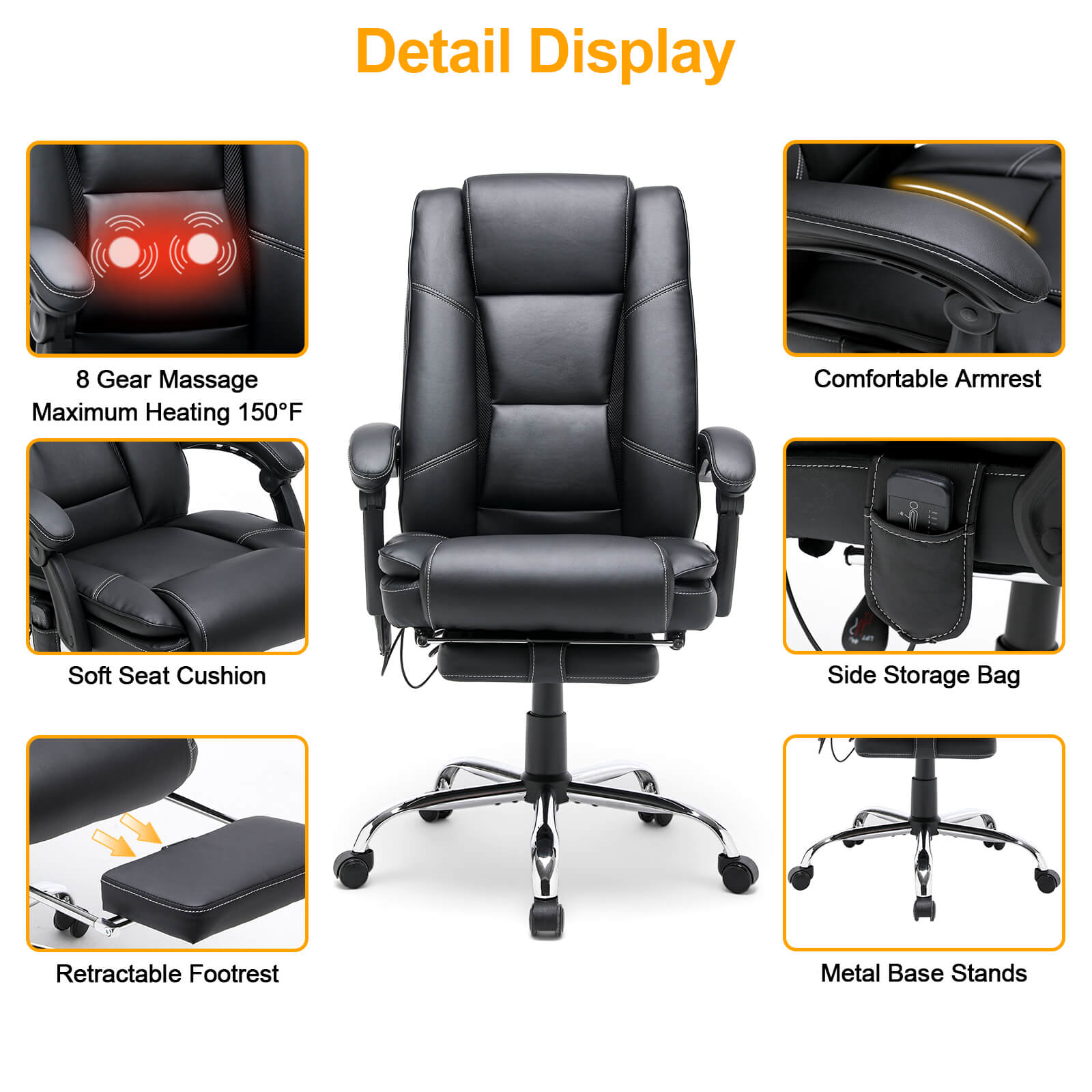 Erommy Heat and Massage Reclining Ergonomic Office Chair with Footrest