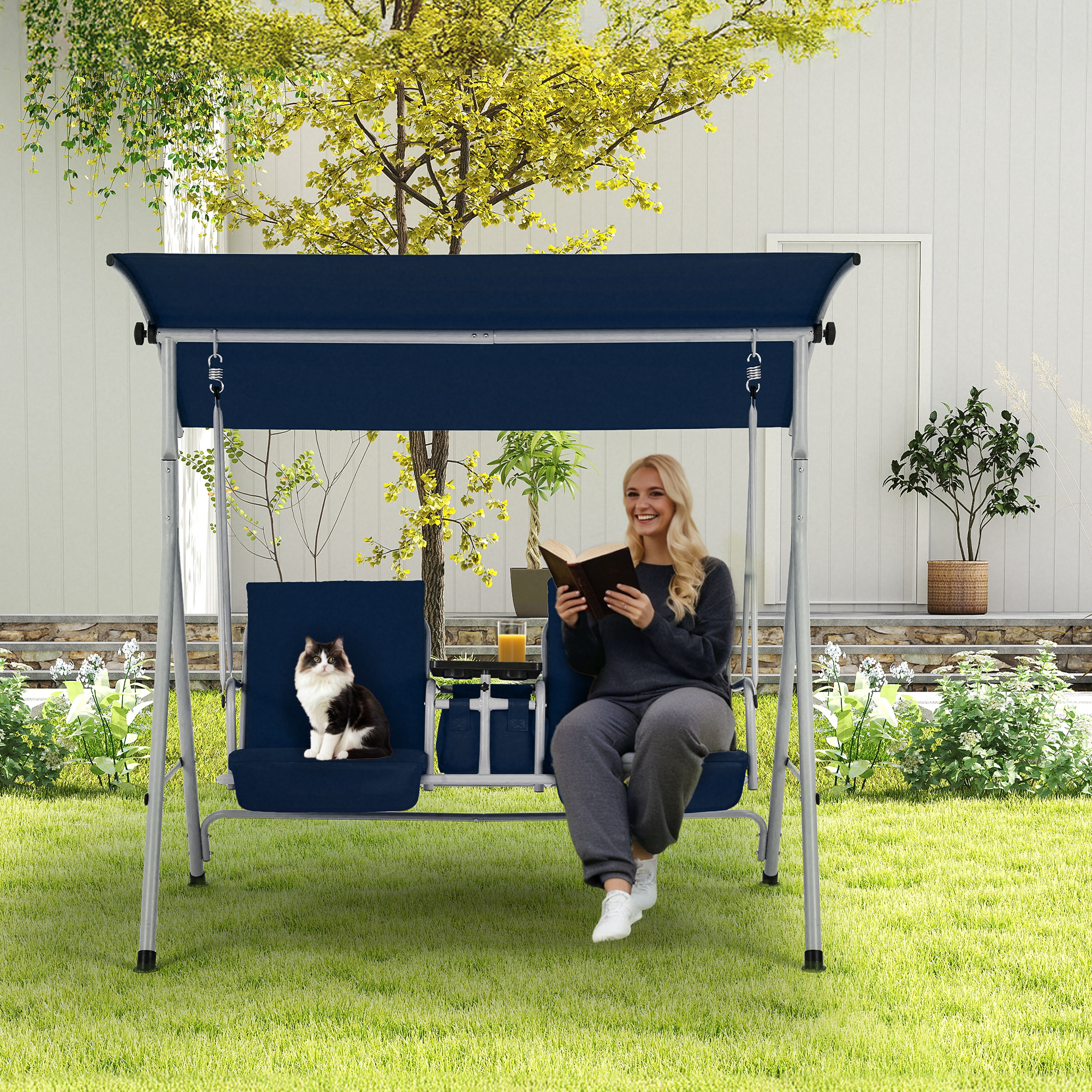 EROMMY 2-Person Outdoor Swing with Canopy, Storage Table, Cooler Bag ...